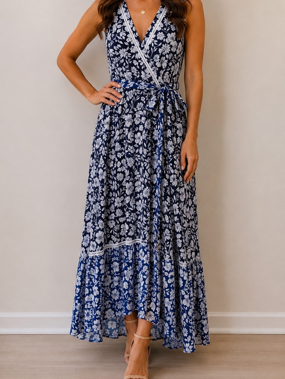 Gabby Style Women’s SleevelessNavy Floral Wrap Maxi Dress with Tie Waist Size 14